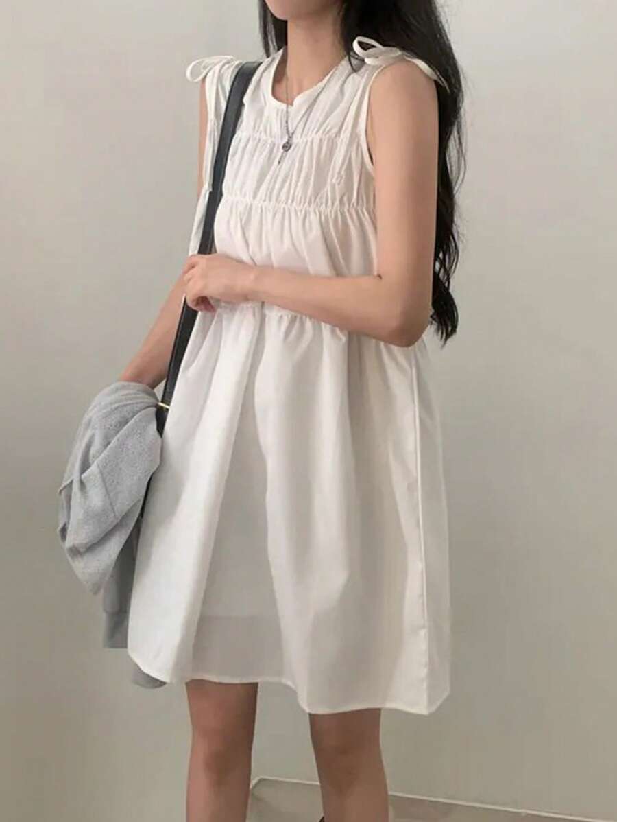 Vintage Pleated Bowknot Sleeveless Mini Dress For Petite Women, Summer