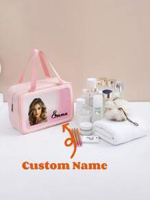 1pc Personalized Customized Name, Picture, Logo Unisex Toiletry Bag, Travel Accessories, Cosmetic Organizer Bag, Beach Bag, Birthday Gift, Bridesmaid Gift, Proposal, Her Birthday Gift, Wedding Gift, Convenient Shoulder Bag For Girlfriend, Family, Friend, Kids, Anniversary, Pink Girl, Christmas, Holiday, School, Outdoor/Picnic/Travel/Hiking/Sports/Climbing