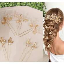 7pcs Gold Leaf Handmade Woven Faux Pearl Crystal Bridal Headpiece Hair Accessories Flower Hair Pin For Wedding Gown Valentine's Day Accessories - Gold - View 9