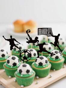 6pcs/Set Black Soccer Goal Cake Toppers, 12pcs/24pcs Pack, World Cup Soccer Match Game Sports Celebration Party Cake Decoration - Black - View 3