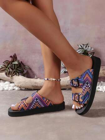 24 件装新款女士平底凉鞋，单扣拼色欧美休闲户外沙滩拖鞋