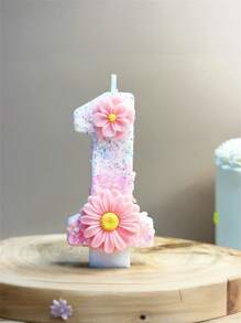 1 Pc Shiny Pink Number Candle With Floral Accents - Sparkling Birthday Cake Decoration For Party And Celebration, Long-Lasting Wax, Indoor Use, Suitable For Festive Gatherings And Birthdays