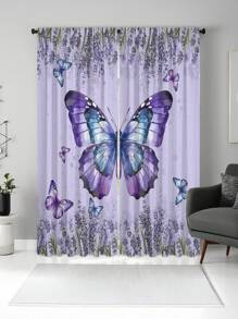 2pcs Purple Butterfly Pattern Printed Curtains With Rod Pocket, UV Blocking, Machine Washable Polyester, Suitable For Living Room, Kitchen, Cafe, Balcony And Garden Decor