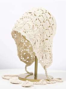 1pc Women Handmade Hollow Out Crochet Tasseled Beanie, Casual Fashion Floral Knitted Headwear, Versatile For Daily Life, Sweet Gift