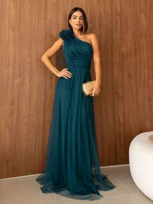 LONG WEDDING PARTY DRESS FOR GODMOTHER IN TULLE WITH FLOWER ON THE SHOULDER - Petroleum Green - View 1