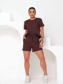 Women's Sweatsuit Set Shorts And Cropped Top - Rỉ Nâu - Xem 2