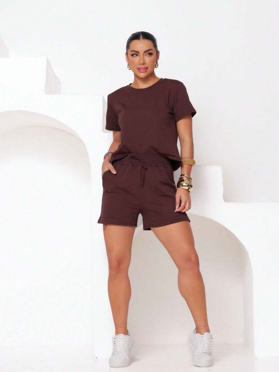 Women's Sweatsuit Set Shorts And Cropped Top - 鏽棕色 - 查看 1