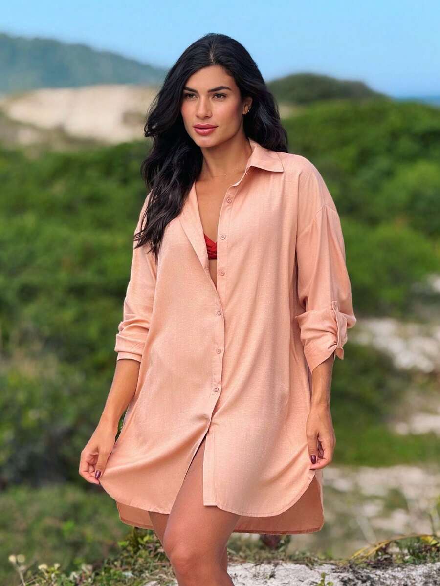 Plain Chemise Shirt Beach Cover-Up - Nude - View 1
