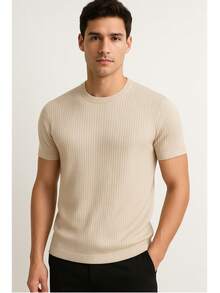 Men's Casual T-Shirt Slim Fit Basic Social Fashion - 米色 - 查看 2
