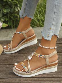1 par de sandalias planas con cuña de suela gruesa y estilo vintage tejido con 3 flores para adolescentes