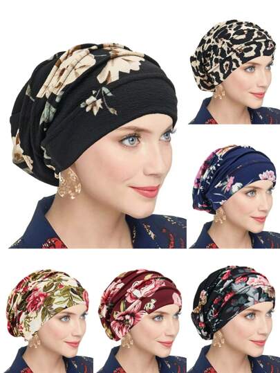 1pc New Design Floral Printed Head Cover Cap, Muslim Headscarf Hat, Turban For Women
