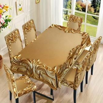 1/4/6pcs"Golden Floral Border Pattern Chair Cover" / Chair Cover Set, Suitable For Indoor Home Restaurant, Hotel Modern Daily Decoration. Tablecloth Suitable For Square Tables, Elastic Chair Covers Can Be Washed
