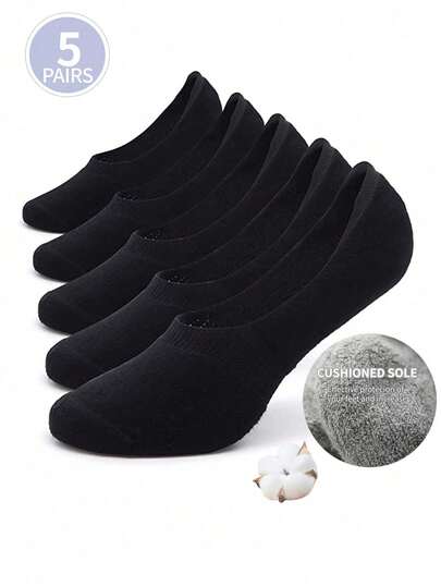 5雙女性黑色低口設計防滑無痕船型襪，適合運動和休閒