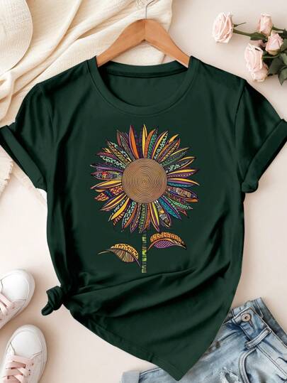 大码女式圆领波西米亚风彩色向日葵图案印花深绿色短袖T恤图案T恤女式上衣