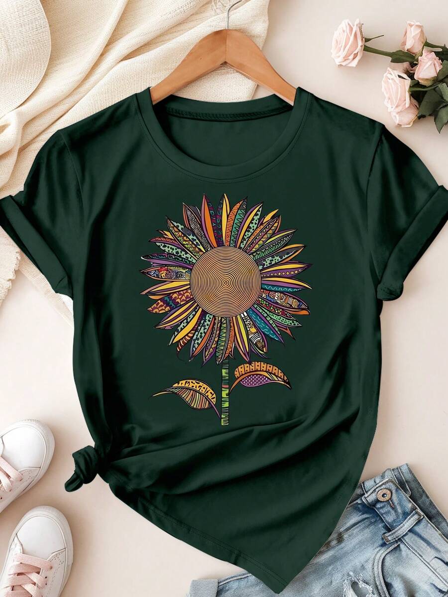 Áo thun nữ cỡ lớn cổ tròn kiểu Bohemian in họa tiết hoa hướng dương nhiều màu sắc, tay ngắn, màu xanh đậm, in hình đồ họa, thích hợp mặc mùa hè. - Màu xanh lá cây đậm - Xem 1