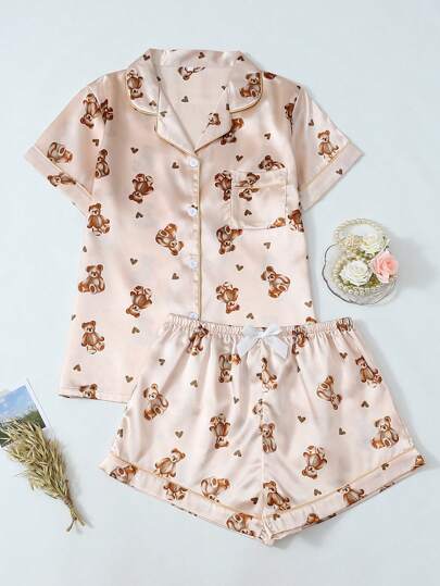 Bear Print Ox Cloth Short Sleeve Shorts Pajama Set