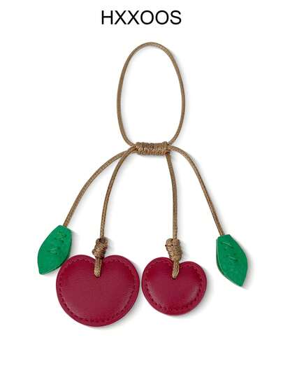 HXXOOS 1 Pc PU Leather Cute Cherry Bag Charm, Y2K Style Accessory For Women, With Green Leaf And Braided Cord, Suitable For Shoulder Bags And Handbags
