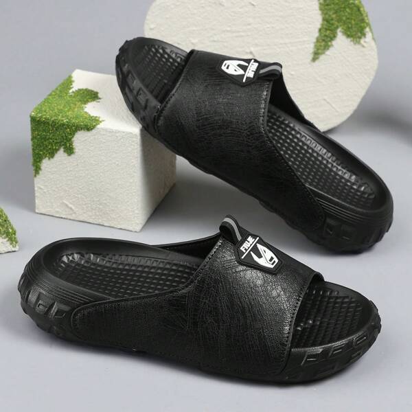 2024 New Men's Street Style Leather Textured Slide Sandals, Decorative Block Design, Anti-Slip & Shock-Absorbing Thick Sole, Indoor&Outdoor Wear