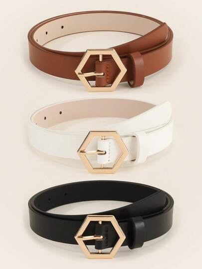 3条装女士优雅奢华简约方形扣多功能PU皮革纯色腰带，适合搭配连衣裙、T恤、牛仔裤、西装、休闲装和办公服。