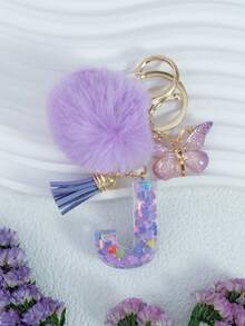 Cute Pom Pom Sequin Letter A-Z Resin Tassel Keychain, Wallet & Handbag Charm, Chain Backpack Pendant, Car Hanging Ornament, Girl Gift, School, Car Accessories, Gothic Y2k - Purple - View 15