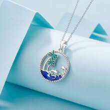 Summer Ocean Palm Tree Hollow Design Necklace & Earring Jewelry Set, Palm Tree, Sea Wave, Mother-Child Dolphin Pendant Necklace, Gift For Women, Girlfriend, Mom