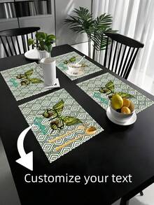 1pc Custom Text Designed Placemat, Fresh Green Plaid & Butterfly Pattern Placemat, Coffee Mat Home Kitchen Living Room Decor Accessory, Popular Home Decoration - Multicolor CZD - View 1