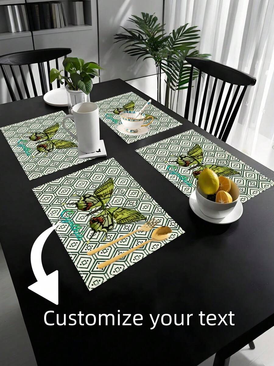1pc Custom Text Designed Placemat, Fresh Green Plaid & Butterfly Pattern Placemat, Coffee Mat Home Kitchen Living Room Decor Accessory, Popular Home Decoration - Multicolor CZD - View 1