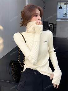 Women's Elegant High Neck Embroidery Texture Special Design Sweater, Apricot, Fitted Long Sleeve Knitted Top, Suitable For Commuting In Autumn/Winter