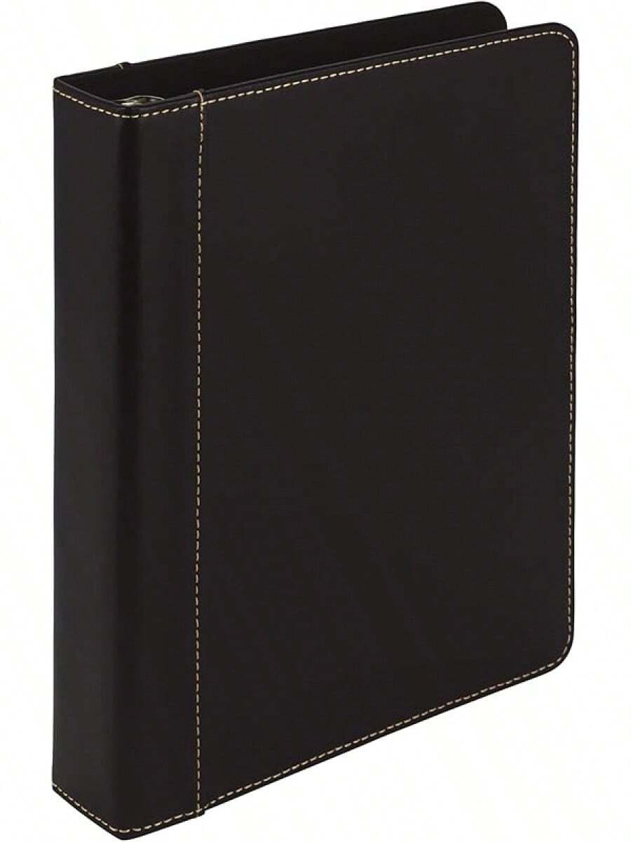 Samsill Carpeta de 3 anillas tamaño junior de 1 pulgada, piel, negro con costuras en contraste, capacidad para papel de 8.5 x 5.5 pulgadas, 3 anillos, carpeta de cuadernos, organizador de portafolios, - Negro - - Ver 1