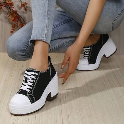 Zapatillas deportivas de moda casual para mujer, de estilo universitario con cordones y contraste de colores, adecuadas para exteriores, hogar, vacaciones, universidad, festivales, playa, todas las estaciones (se enviarán aleatoriamente dos tipos de suelas de zapato)