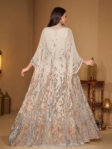 SUPGIR [Random Print] Women's Long Sleeve Sequin Patchwork Waist Tie Evening Dress - Champagne - View 2