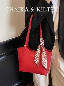 1 pièce Sac à épaule en PU de couleur unie à la mode pour femmes, sac fourre-tout rétro décontracté avec fermeture magnétique et à fermeture éclair, grande capacité convenant pour les voyages, les achats, les sorties, en cadeau pour les femmes, les adolescentes, les étudiantes, les employées de bureau, les déplacements, les activités extérieures (vendu avec écharpe) - Rouge - Voir 5