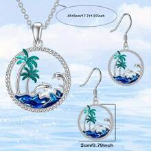 Summer Ocean Palm Tree Hollow Design Necklace & Earring Jewelry Set, Palm Tree, Sea Wave, Mother-Child Dolphin Pendant Necklace, Gift For Women, Girlfriend, Mom