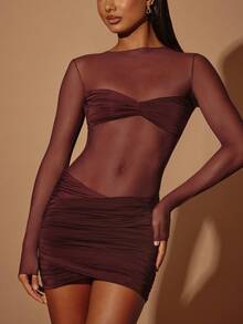 Sexy Round Neck Long Sleeve Mesh Pleated Bodycon Dress