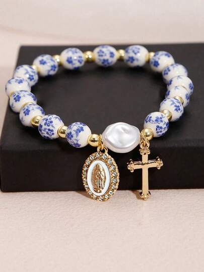 1 Stück schönes und zierliches Keramik- und Goldperlen-Armband mit künstlichen Barockperlen, Edelstahl-Jungfrau Maria und Charm, tolles Geschenk/Kreuz-Schmuck/Christliches Geschenk