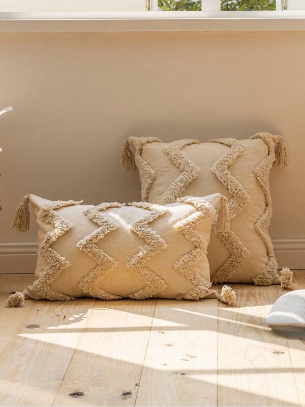 1 pièce Housse de coussin décorative en coton de style marocain nordique, forme de vague géométrique floquée, convient pour la chambre, le salon, le canapé