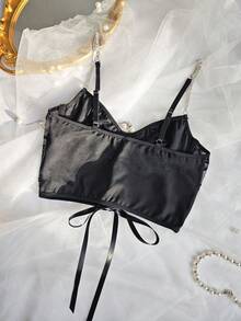 1 pieza Corset en top con cadena de cristal con efecto de encaje y transparencia, Camiseta ajustada sin mangas para mujer - Negro - Ver 11