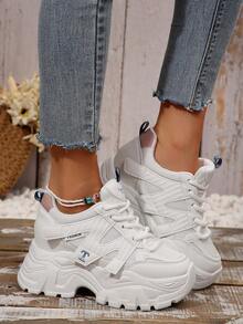 Zapatillas con plataforma gruesa para mujer, zapatos deportivos de estilo casual para uso en la oficina, para todas las estaciones - Blanco - Ver 4