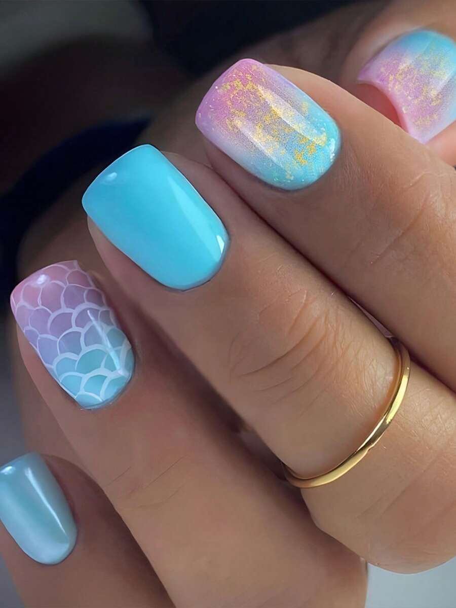 24pcs Short Square Fake Nails, Featuring Fashionable Ombre Mermaid Scale Pattern Design, Manicure Set. Press-On Nail Kit, Suitable For Holidays, Parties, Gatherings, Dates And Daily Wear. Nail Art Supplies. - Blue - View 1