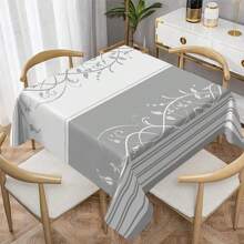 1pc Modern Simple Style Tablecloth, Gray & White Striped Leaf Pattern Washable & Easy To Clean Tabletop Cover, Suitable For Indoor/Outdoor Multiple Scenes Decoration, Home Living Room Kitchen Decor, Picnic Holiday Party