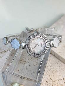 1pc Women's Gold-Tone Alloy Fully Paved Crystal Heart Shaped Case Arabic Numeral Dial Quartz Watch With Adjustable Drawstring, Suitable For Daily Matching, Birthday, Women's Gift, Anniversary, Year-End Promotion, Singles' Day, Halloween Promotion, Etc. (No Gift Box) - Silver - View 2