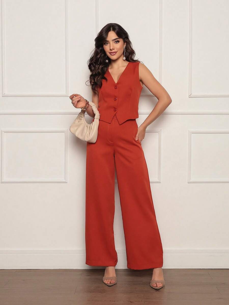 Women's Tailored Set Simple Elegant Button Pocket Zipper Office - Burnt Orange - View 1