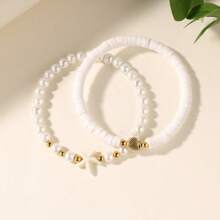 Set de 2 piezas de joyas pulseras de playa de verano para mujer con cuentas de arcilla polimérica blanca con forma de estrella de mar y concha, accesorios de atuendo de vacaciones, moda de surf