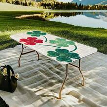 1pc Tablecloth Suitable For Indoor/Outdoor Use, Elastic Edge Design, Lightweight And Washable, New Arrival Fresh Green Plaid Clover Print Tablecloth Cover, Great For Family Gathering, Outdoor Decor, Holiday Party - Multicolor - View 16