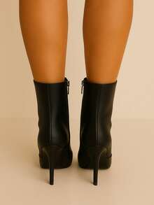 Women's Ankle Boots High Heel Pointed Toe Mid-Calf Elegant - Đen/Đen - Xem 3