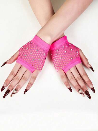 1 Pair Party Short Rhinestone Fuchsia Fingerless Gloves, Women Fishnet Hollow Out Sexy Net Gloves For Summer