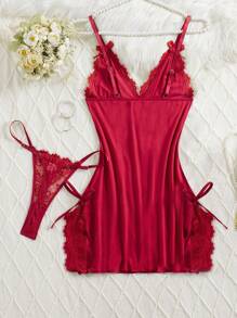 Lingerie sexy, ensemble robe-sangle de plaisir romantique rouge vin. Conception unique, stimuler l'imagination créative illimitée, montrer une atmosphère romantique