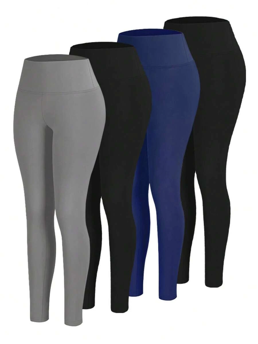 4pcs Women's High-Waisted Soft Yoga Pants Solid Color High Elastic Fashion All Seasons Leggings - 4004 - View 1