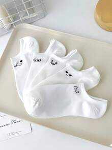 5 Pairs Women's Lightweight Cute Cartoon Pattern Breathable Invisible Ankle Socks, Summer - White - View 2