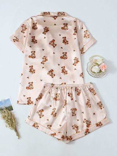 Bear Print Ox Cloth Short Sleeve Shorts Pajama Set view 9
